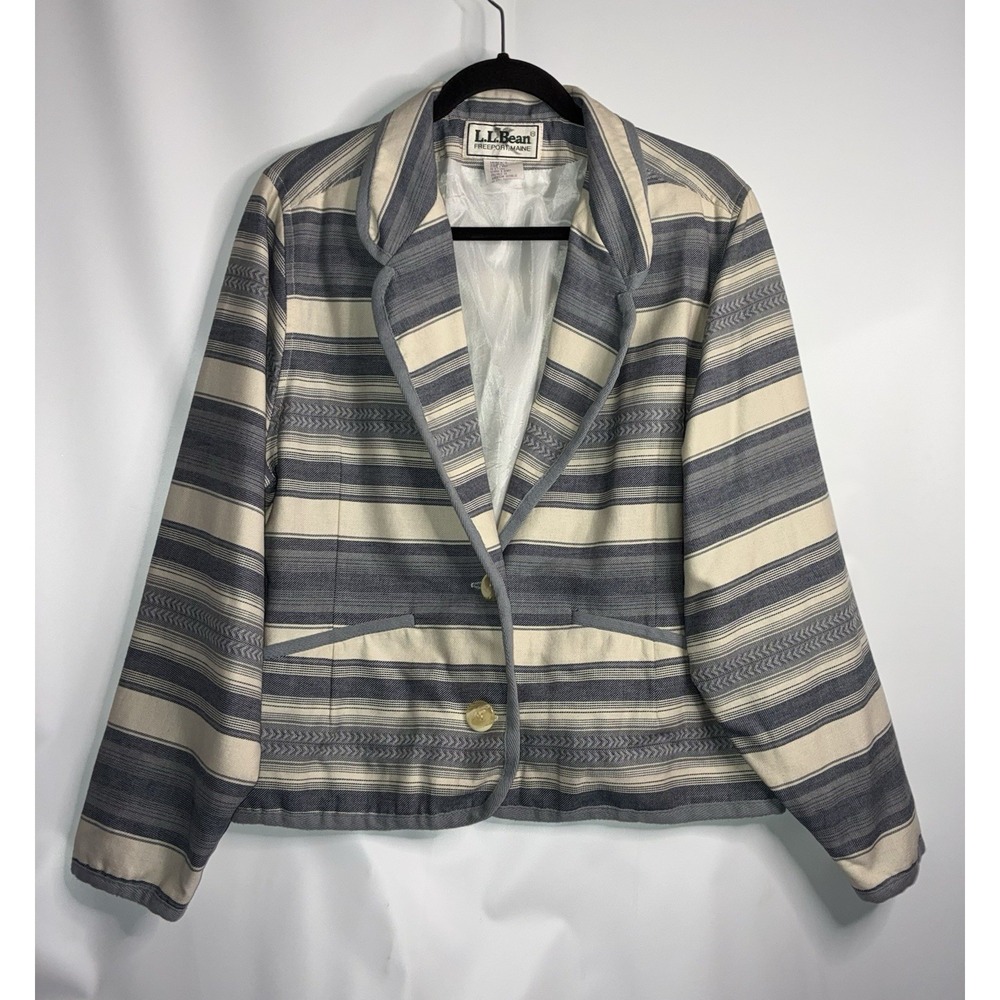 LL Bean Womens Vintage Cotton Blue White Striped Blazer Size Large Southwest 90s
